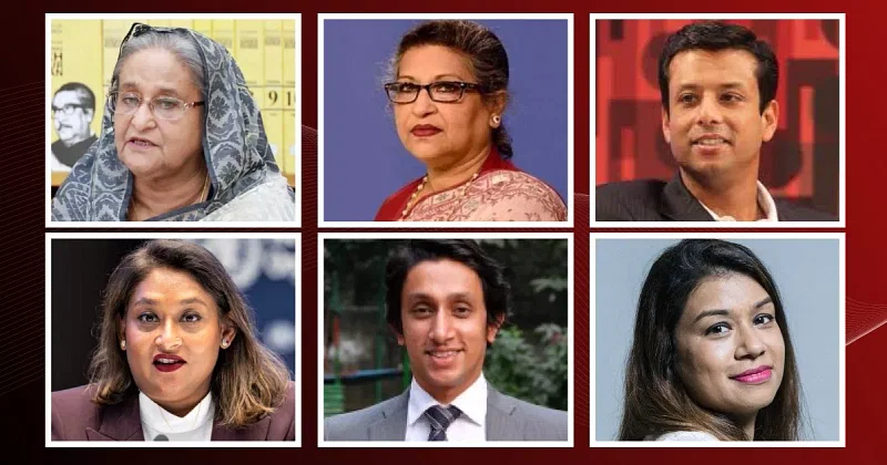 Sheikh Hasina, Sheikh Rehana, Sajeeb Wazed Joy, Saima Wazed Putul, Radwan Mujib Siddiq and Tulip Siddiq (from right to left)